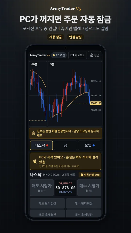아미트레이더 V5 앱 화면(공개용 예시 · 신호 숨김) — PC가 꺼지면 주문 자동 잠금