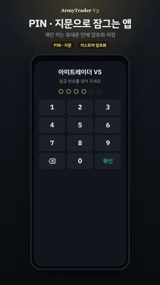 아미트레이더 V5 앱 화면(공개용 예시 · 신호 숨김) — PIN · 지문으로 잠그는 앱